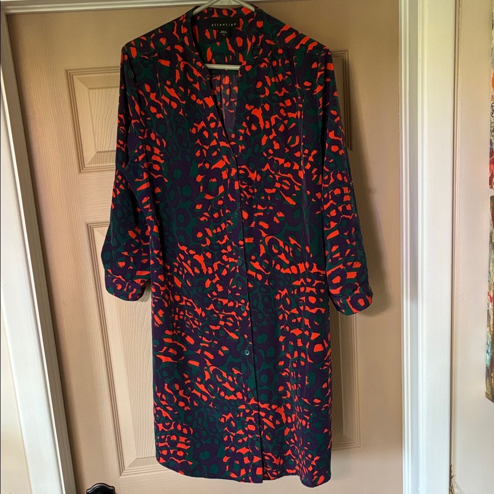 attention Red and Dark Green Printed Long Sleeve Shift Dress